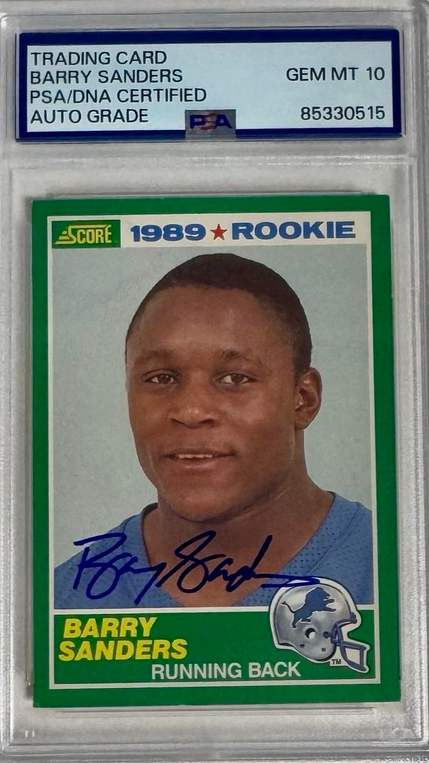 Barry Sanders 1989 Signed Score Rookie Card Auto Grade *RARE* - GEM MT 10 PSA/DNA